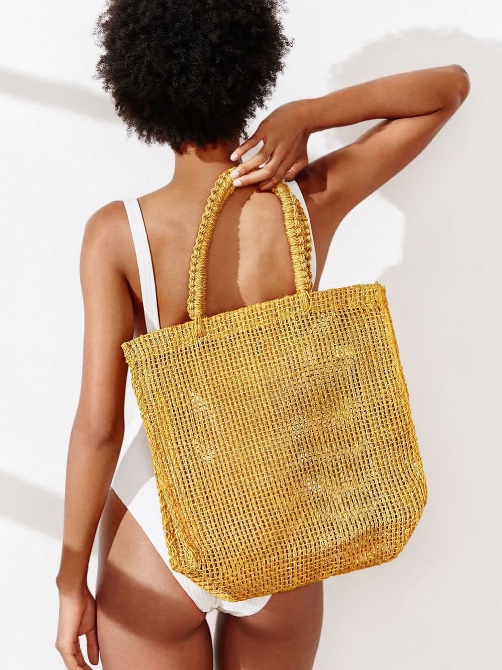 Kayu Woven Tote Bag w. Braided Handles; Yellow